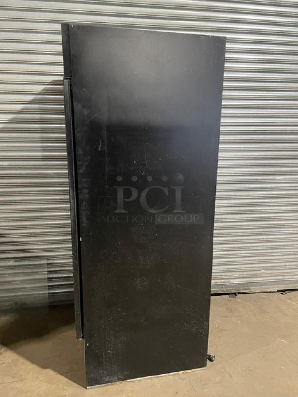 Beverage-Air MT27 commercial black refrigerator, single glass swing door, poly coated wired rack, 115V, 1 phase, SN: 7685020.