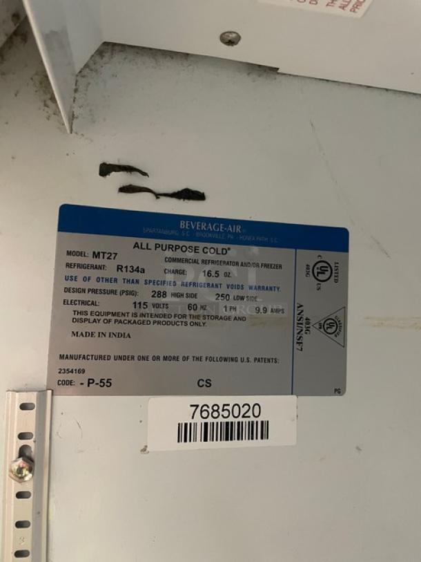 Beverage-Air MT27 commercial refrigerator label, showing model, serial number, and specifications.