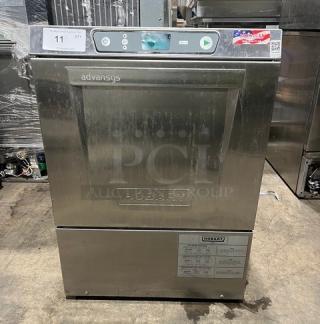 Hobart Advansys LXe Series stainless steel undercounter dishwasher, commercial grade, visible control panel, good condition.