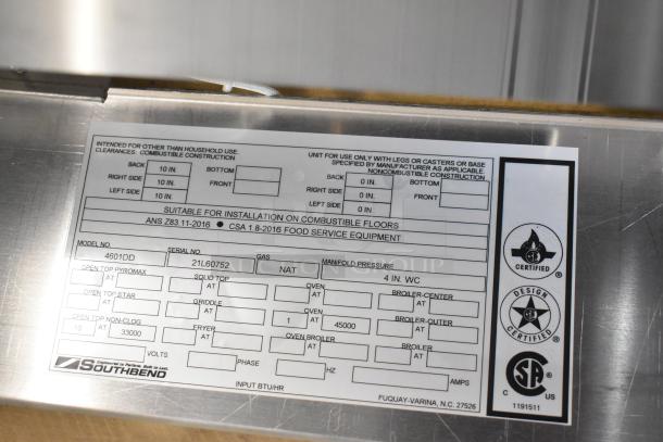 Label on Southbend 4601DD stainless steel range, showing specs like model number, gas type, and certifications.