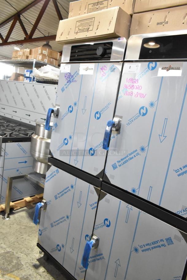 BRAND NEW 2025 Alto Shaam 1200-TH stainless steel Halo Heat® oven, on casters with protective wrap. Model info visible.