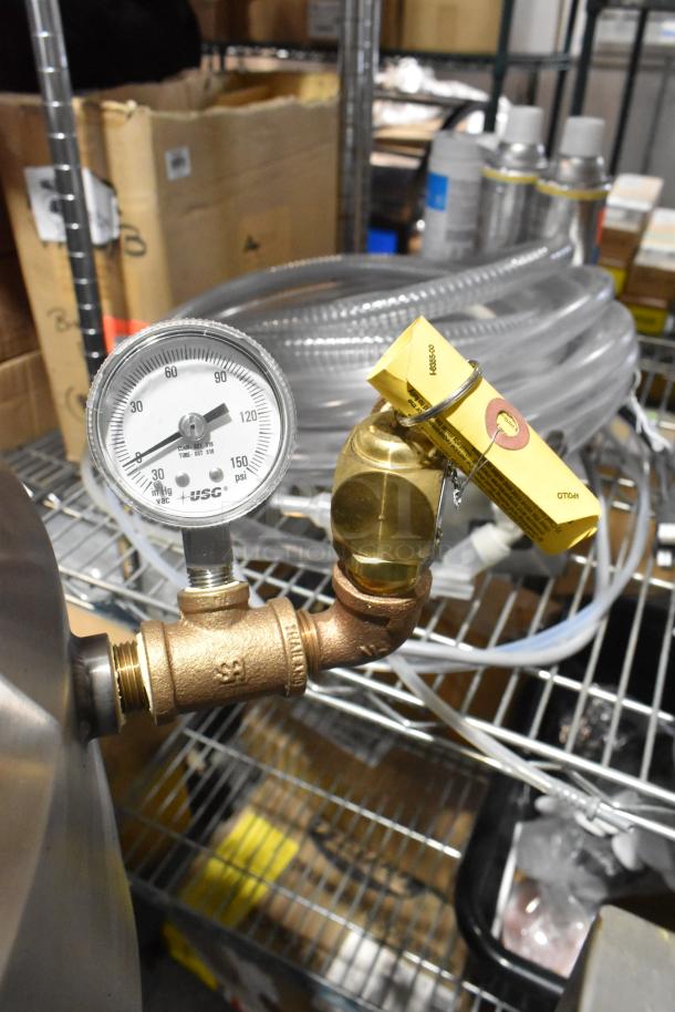 BRAND NEW 2024 Vulcan MDMT-20 Stainless Steel Tilting Kettle, gauge showing 0-150 psi, in packaging.