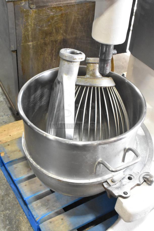 Hobart M-802 80 Quart Planetary Dough Mixer with bowl, whisk, and paddle attachments. Metal construction, 208V, 3 Phase.