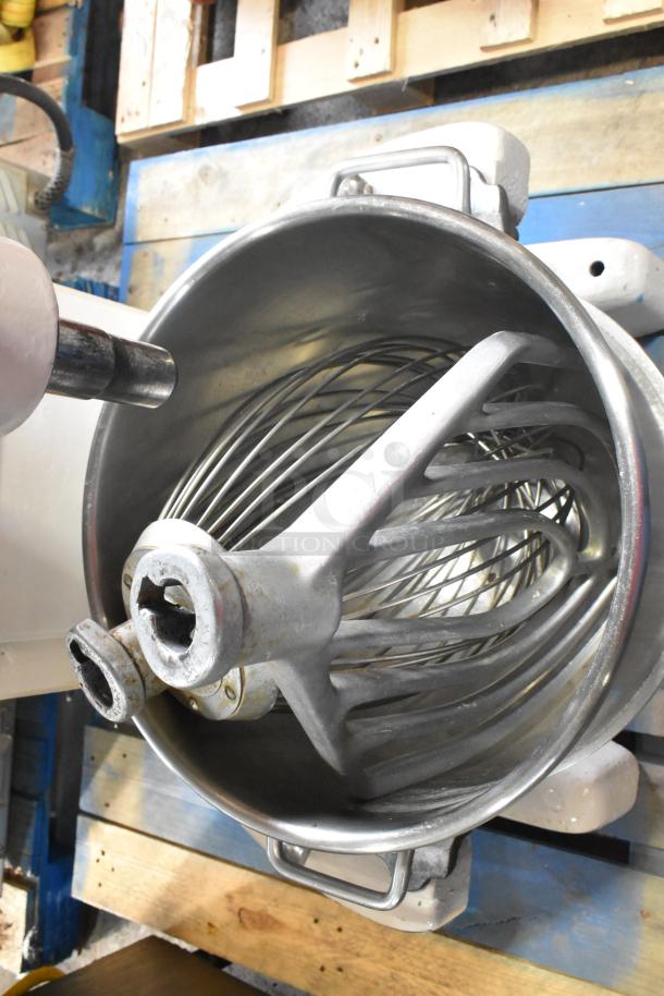 Hobart M-802 80 Quart Mixer with bowl, whisk, and paddle attachments. Metal, floor style, 208V, 3 phase.