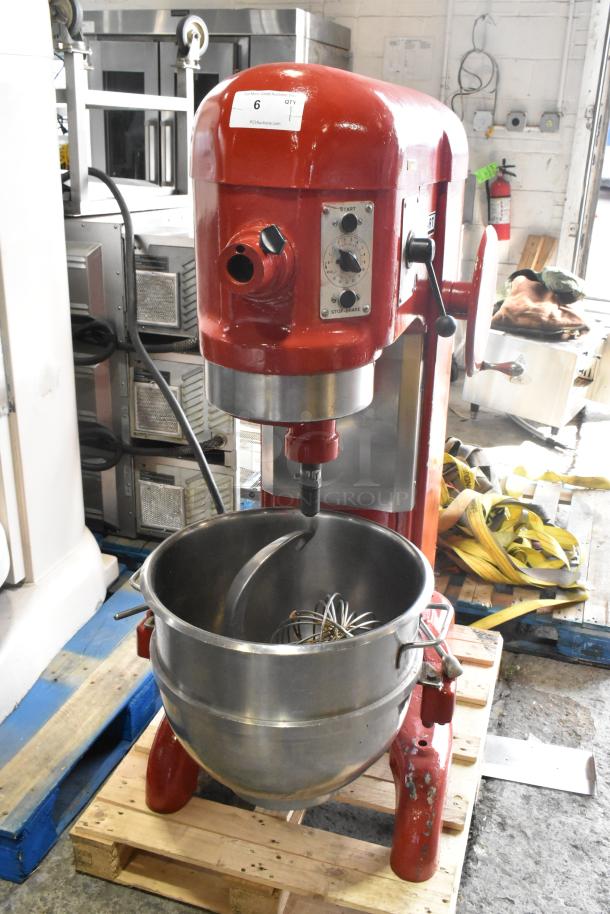 Hobart H-600T 60 Quart Mixer with bowl, whisk, dough hook. Red finish, 208V, 3 phase. Commercial floor model.