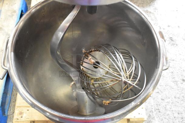 Hobart H-600T 60-quart commercial dough mixer with bowl, whisk, and dough hook attachments. 208V, 3 phase.