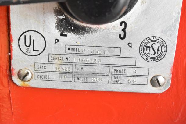 Hobart H-600T label showing model, serial no. 1709124, specs: 16428, 208V, 3-phase, NSF, UL certifications.