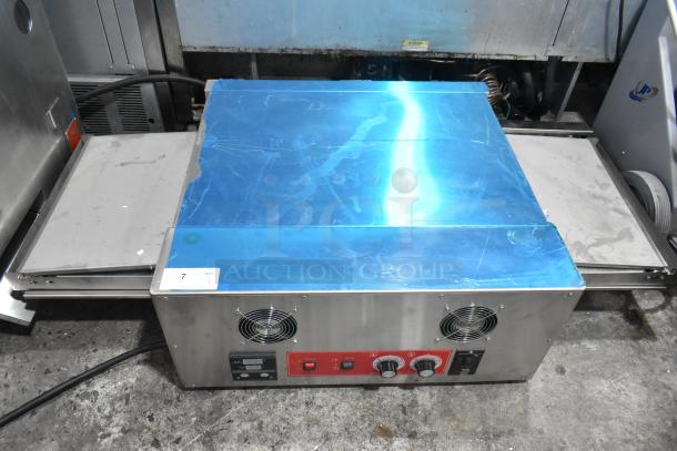 2020 FEP-18 Stainless Steel Conveyor Pizza Oven, electric, 220V, good condition, control panel and fans visible.