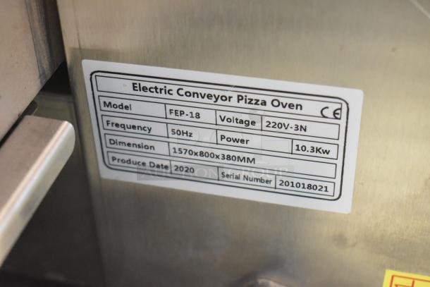 2020 FEP-18 Stainless Steel Conveyor Pizza Oven, electric, 220V, 10.3Kw, dimensions 1570x800x380mm, model label shown.