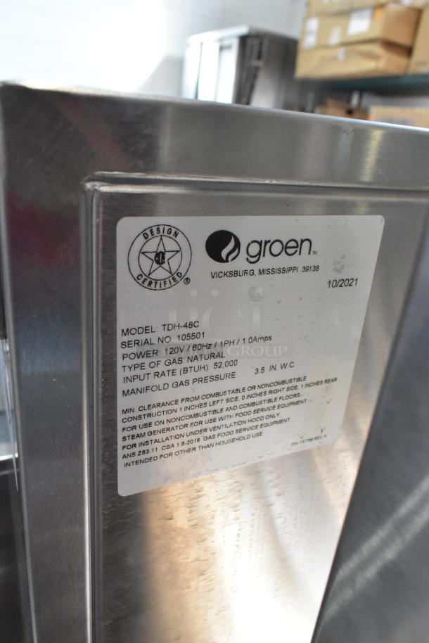 Groen TDH-48C stainless steel commercial steam tilting kettle, 12 gallons, 52,000 BTU, natural gas, label with specs shown.