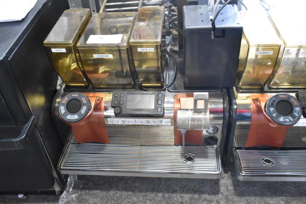 Thermoplan Mastrena II Stainless Steel Espresso Machine with steam wand, control panel, and labeled hoppers: decaf, signature, blonde.