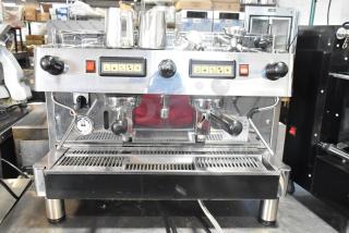 Grimac VD2GE stainless steel commercial 2-group espresso machine with 3 portafilters, 2 steam wands, 220V, 1 phase.