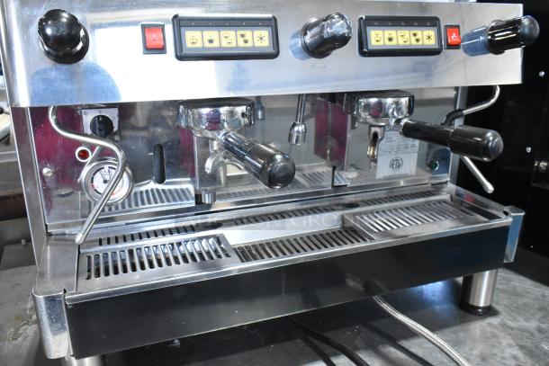 Grimac VD2GE stainless steel 2-group espresso machine with 3 portafilters, 2 steam wands, 220V, 1 Phase; commercial use.