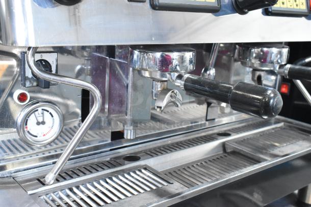 Grimac VD2GE stainless steel commercial espresso machine, 2 groups, 3 portafilters, 2 steam wands, 220V, 1 phase.