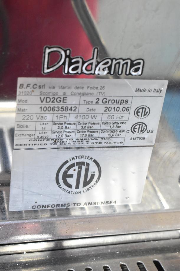 Grimac VD2GE 2 Group Espresso Machine, stainless steel, includes 3 portafilters, 2 steam wands, 220V, 1 Phase, made in Italy.