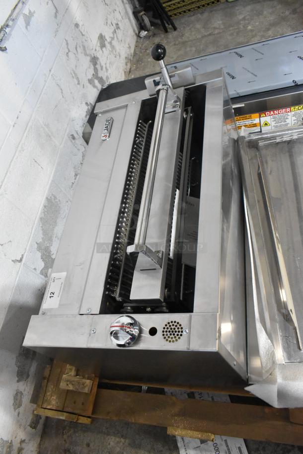 Brand new Jade Range gas-powered cheese melter attachment with back splash, stainless steel, adjustable settings.