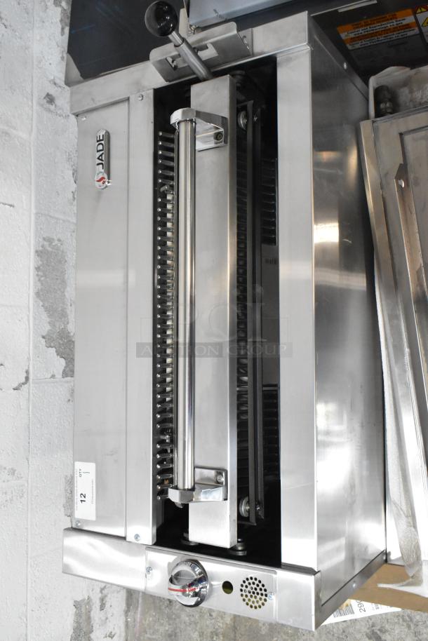 BRAND NEW Jade Range gas-powered cheese melter attachment with back splash, stainless steel, visible Jade logo, unused.