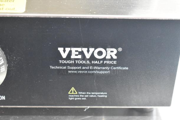 Vevor NB-RGG-001 stainless steel commercial countertop food warmer, 120V, logo and temperature warning visible.