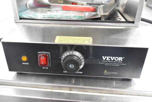 Vevor NB-RGG-001 stainless steel commercial food warmer display, 120V, with heating control and warning label.