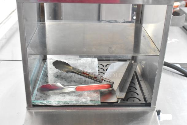Vevor NB-RGG-001 stainless steel commercial food warmer, countertop display, showing interior with tongs. 120V, 1 phase.