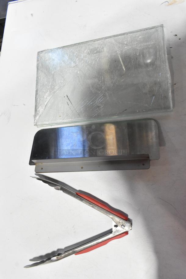 Vevor NB-RGG-001 food warmer display parts, includes glass top, stainless steel panel, and tongs, used condition.