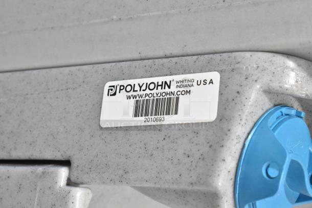 Polyjohn Gray Portable Hand Washing Station with visible brand label and serial number 2010693. Made in USA.