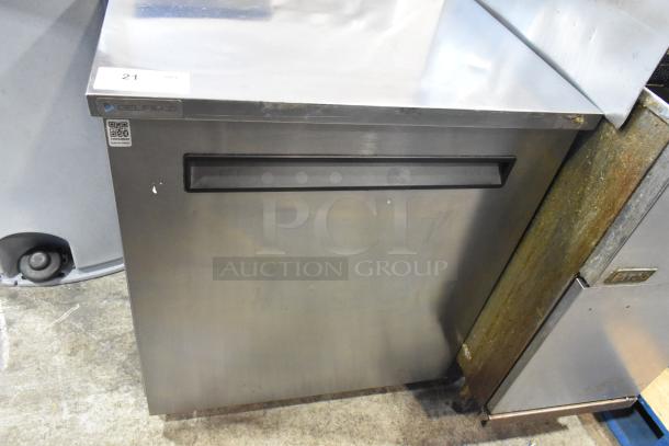 2019 Delfield 406P-STAR2 stainless steel single door undercounter cooler on casters, 115V, 1 Phase, with visible label.