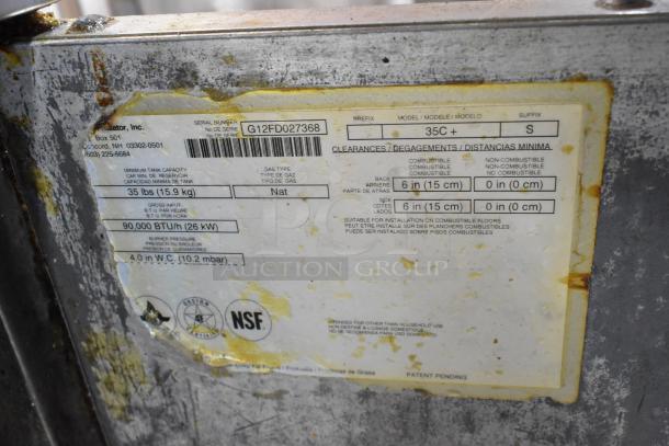 Pitco Frialator 35C label showing serial number, model, gas type, and BTU. Stainless steel commercial fryer, NSF certified.