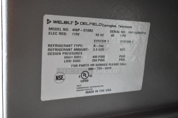 Label on the 2019 Delfield 406P-STAR2 cooler. Shows model, serial number, electrical requirements, refrigerant type, NSF and UL certifications.