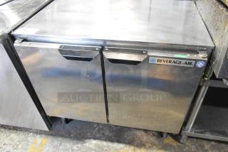 Beverage Air UCR34Y stainless steel 2-door undercounter cooler on casters, 115V, 1 phase, visible logo, used condition.