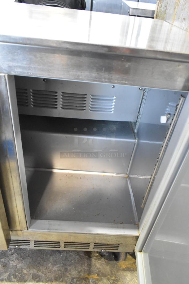 Beverage Air UCR34Y stainless steel undercounter cooler with two doors on commercial casters, runs on 115 volts, 1 phase.