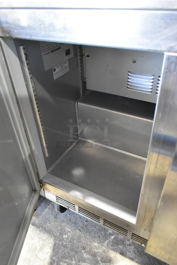 Beverage Air UCR34Y stainless steel undercounter cooler, 2 doors, commercial casters, visible interior, 115V, 1 Phase.