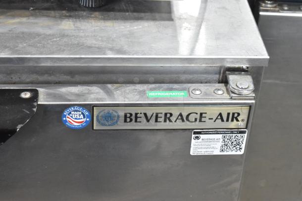 Beverage Air UCR36A stainless steel 2-door undercounter cooler with casters, labeled "Made in USA," 115V, 1 Phase.