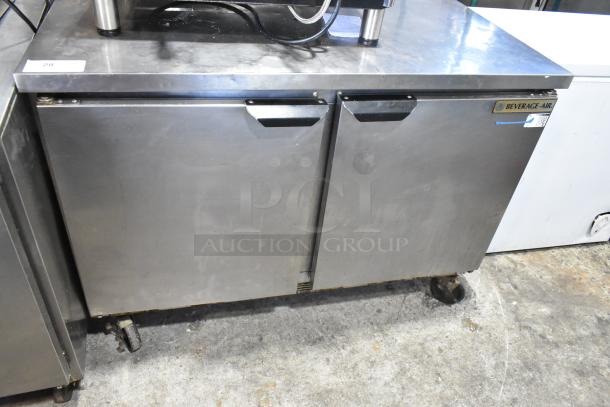 Beverage Air WTR48A stainless steel 2-door undercounter cooler on casters. Visible brand label, 115V, 1 phase.