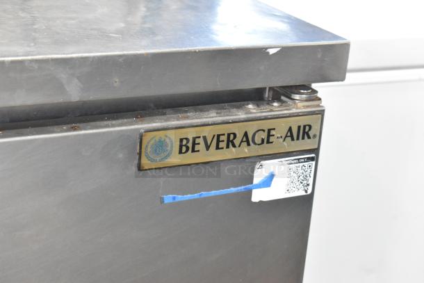 Beverage Air WTR48A stainless steel 2-door undercounter cooler on casters, branded label visible, good condition.