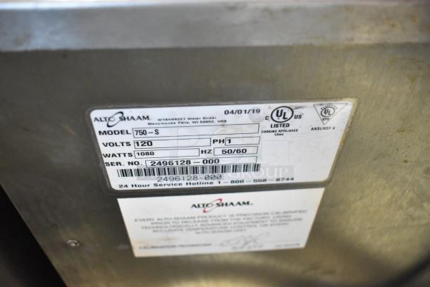 2019 Alto Shaam 750-S Stainless Steel Heated Cabinet label, showing model 750-S, 120 volts, 1080 watts, serial 2496128-000.