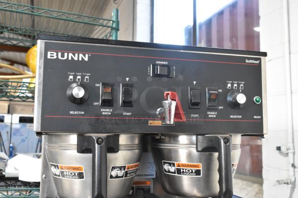 2019 Bunn DUAL SH stainless steel commercial dual coffee machine with hot water dispenser, 2 servers, 2 brew baskets.