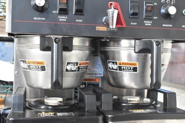 2019 Bunn DUAL SH stainless steel dual coffee machine with hot water dispenser, two satellite servers, and two brew baskets.