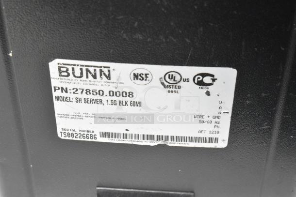 Label on Bunn 2019 DUAL SH Coffee Machine indicates NSF and UL certifications. Model: SH Server, 1.5G BLK 60MI. Serial: TS00226686.