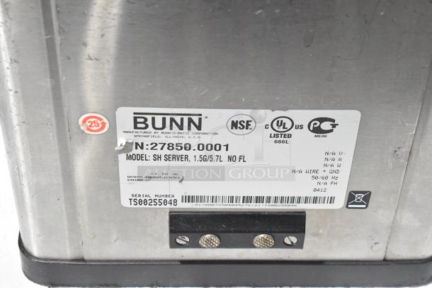 2019 Bunn DUAL SH stainless steel commercial coffee machine label showing model, serial number, and certifications.