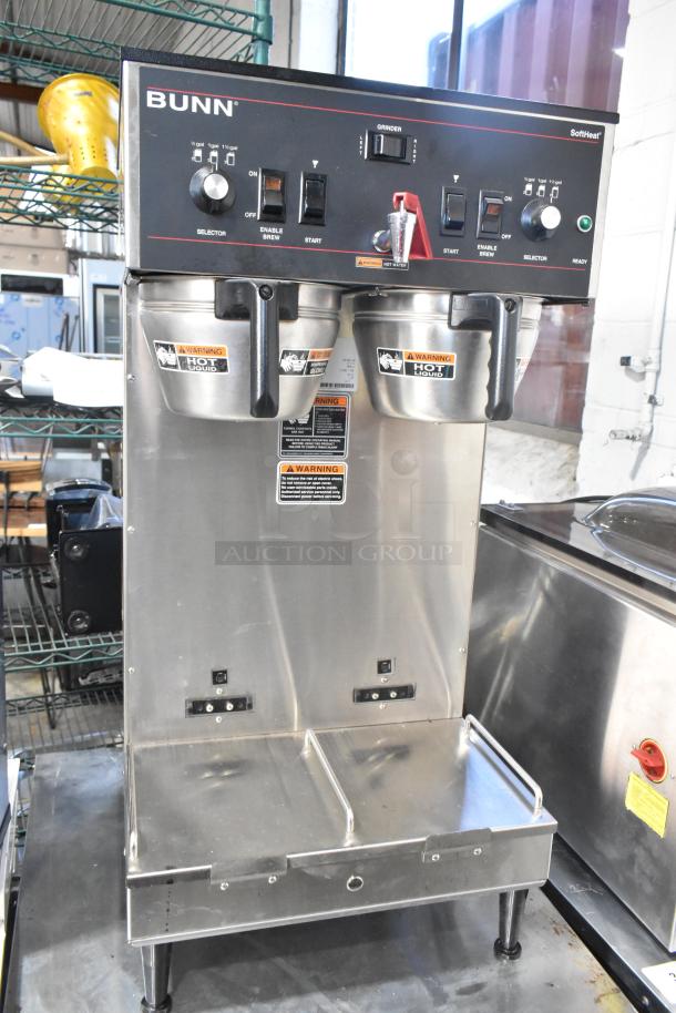 2019 Bunn DUAL SH stainless steel commercial coffee machine with hot water dispenser, dual servers, and brew baskets.