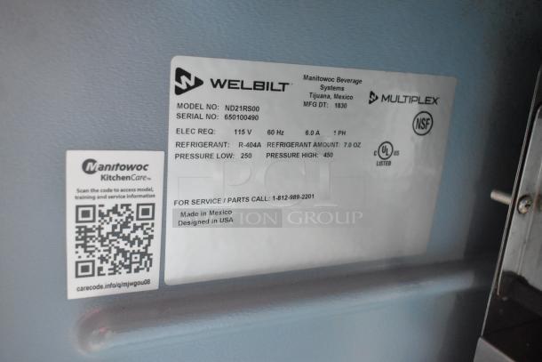 2018 Delfield ND21RS00 stainless steel nitrogen beverage dispenser label, 115V, 1 phase, with QR code and specifications.