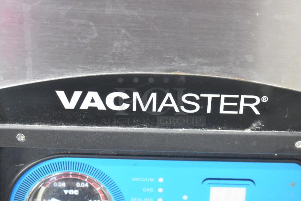 VacMaster VP321 stainless steel commercial vacuum sealing machine, 110 volts, 1 phase, control panel detail shown.