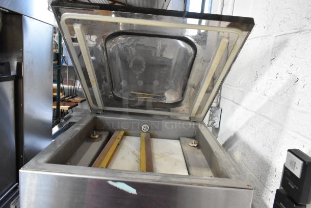 VacMaster VP321 stainless steel vacuum sealer, commercial countertop model, hinged lid open, 110V, single phase, used condition.