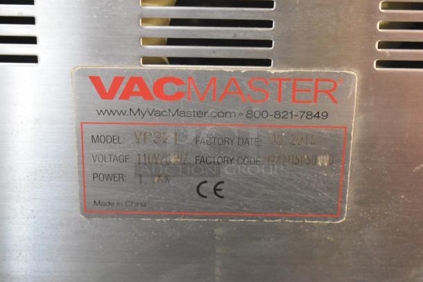 VacMaster VP321 Vacuum Sealing Machine, stainless steel, 110V, model VP321, factory date 05/2015, CE certified.