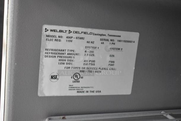 Label for 2019 Delfield 406P-STAR2 cooler, showing model, electrical requirements, refrigerant type, and certifications.