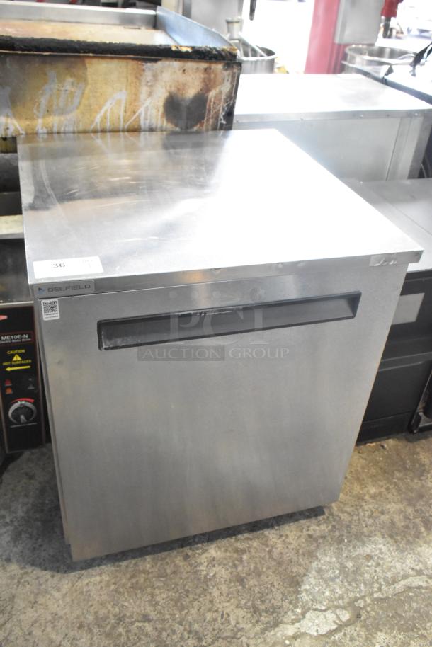2019 Delfield 406P-STAR2 stainless steel undercounter cooler, single door, on casters, 115V, 1 phase. Visible Delfield logo.