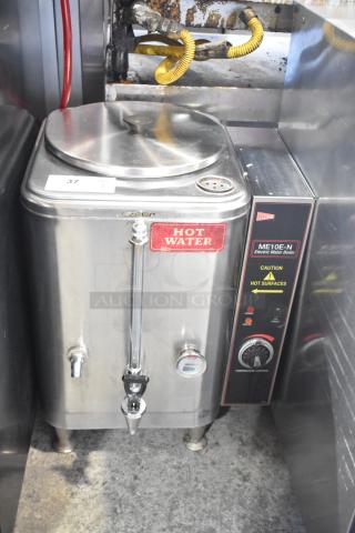 Cecilware ME10EN stainless steel commercial countertop coffee urn, features hot water label, power controls, caution markings.