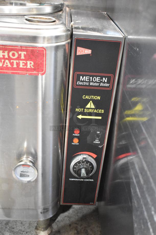 Cecilware ME10EN stainless steel commercial coffee urn, 120V, temperature control, electric water boiler label shown.