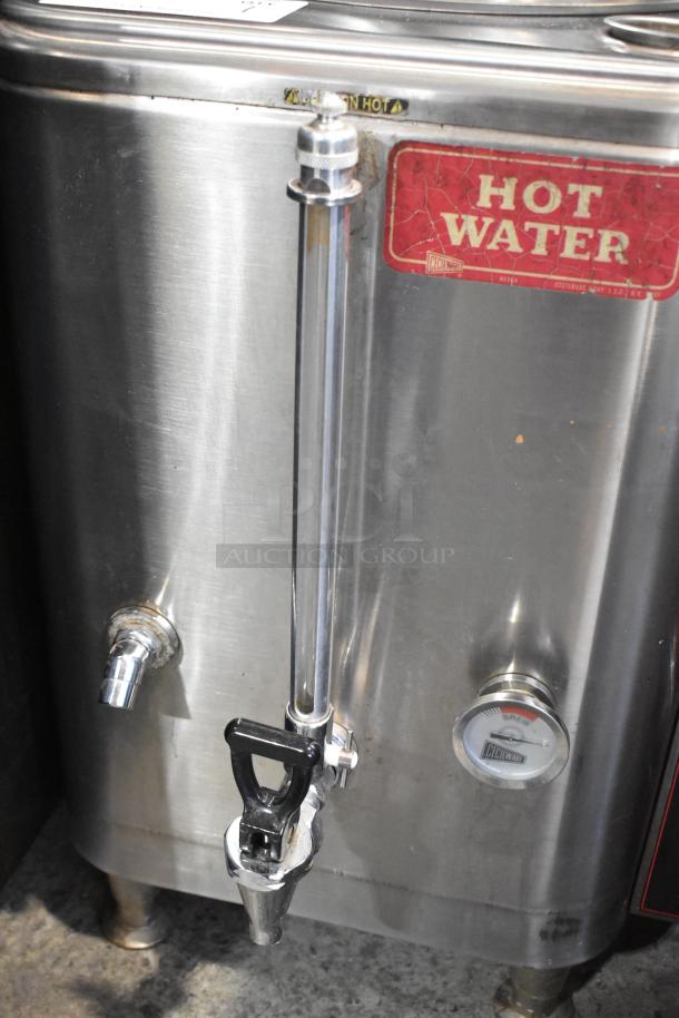 Cecilware ME10EN stainless steel commercial countertop coffee urn, 120 volts, 1 phase, with visible hot water label and spigots.
